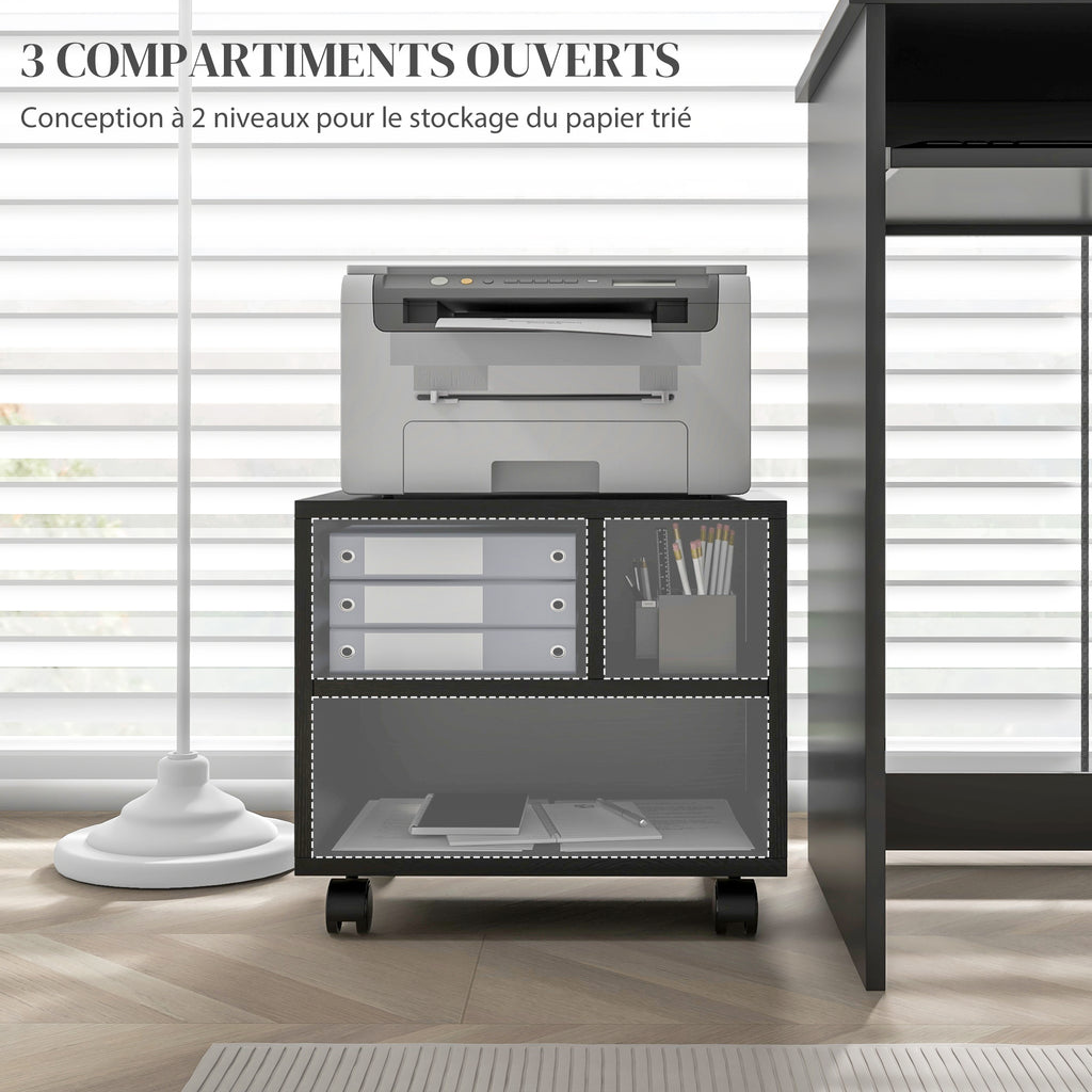 Support d'imprimante meuble de rangement bureau caisson 3 compartiments ouverts 40 x 30 x 36 cm noir